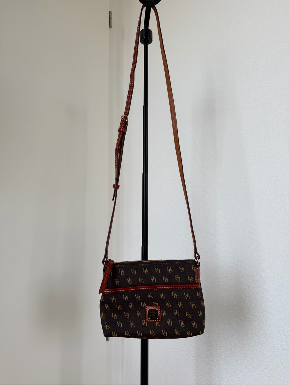 Dooney & Bourke Brown Signature Monogram Crossbody with Tan Leather Trim